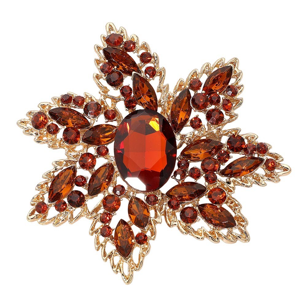 Oval Stone Center Brown Rhinestone Studded Floral Statement Pin Brooch for Women