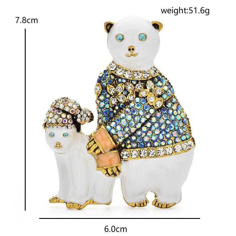 Large Polar Bear Puppy Crystal Brooch Pin Blue Enamel Winter Animal Jewelry Gift