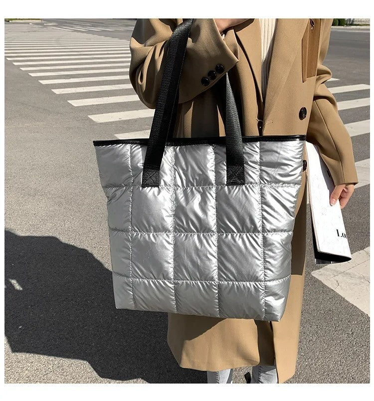 Gray Quilted Puffer Tote Bag Shoulder Handbag Zipper Closure Carryall Purse