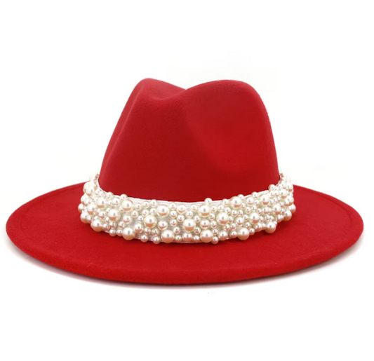 White Felt Jazz Fedora Hat with Pearl Band Wide Brim Elegant Dressy Accessory
