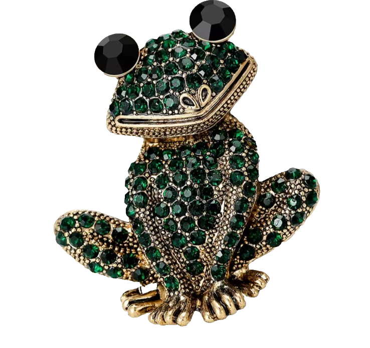 Sparkling Green Rhinestone Frog Brooch Gold Tone Animal Figural Pin