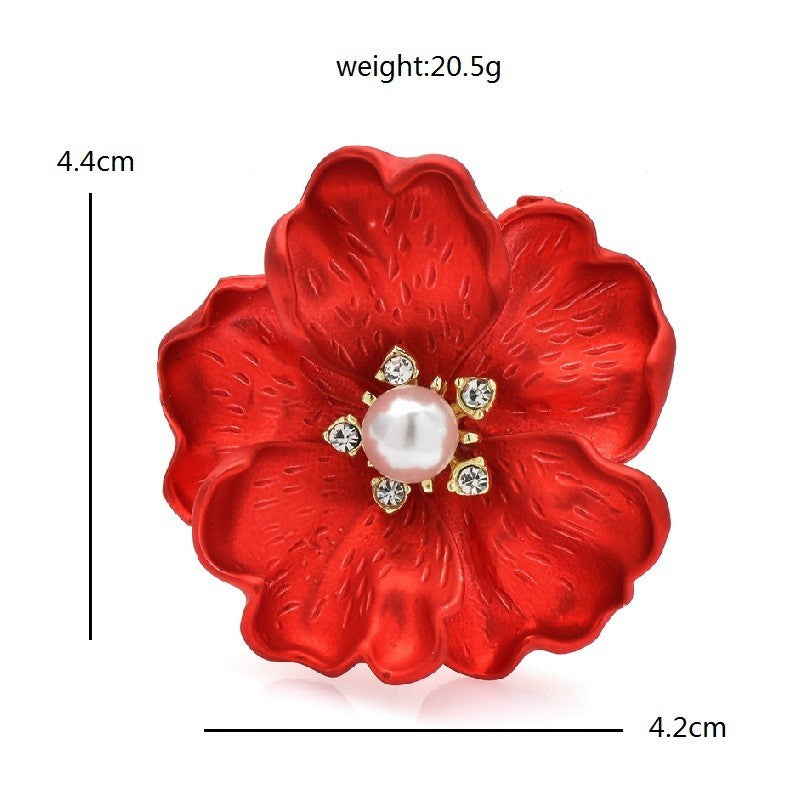 2 Piece Matte Enamel Peony Flower Brooch Set Blue and Red Pearl Crystal Pins