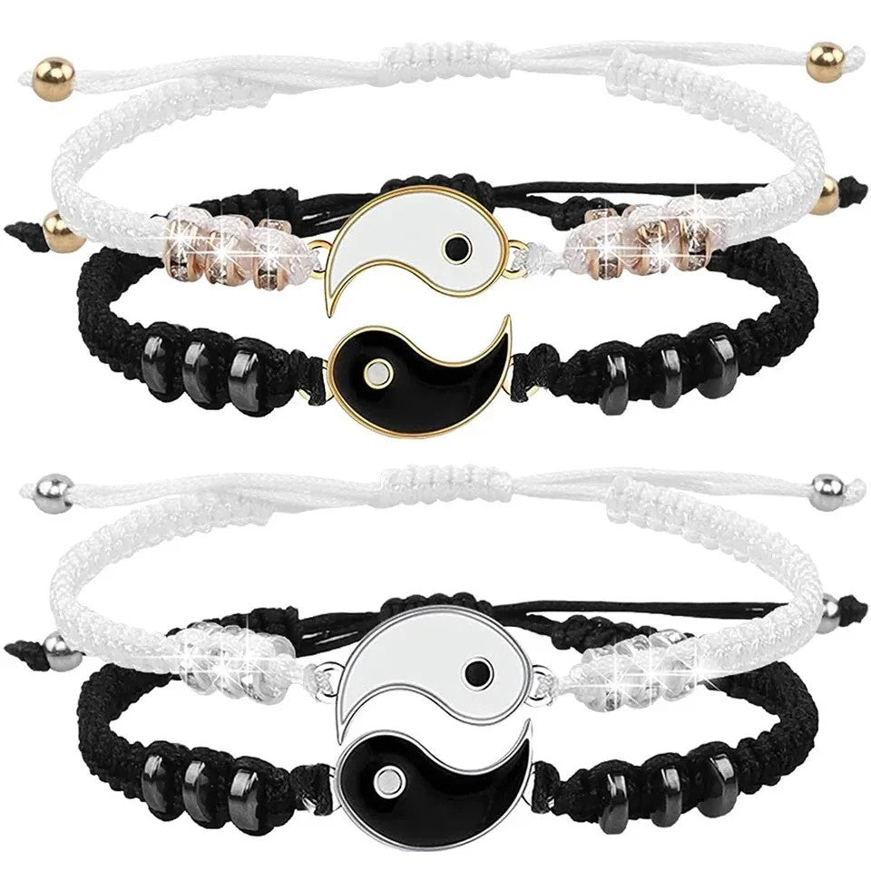 2Pcs Black and White Tai Chi Bracelet Set for Couples Adjustable Rope Bracelets