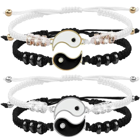 2Pcs Black and White Tai Chi Bracelet Set for Couples Adjustable Rope Bracelets