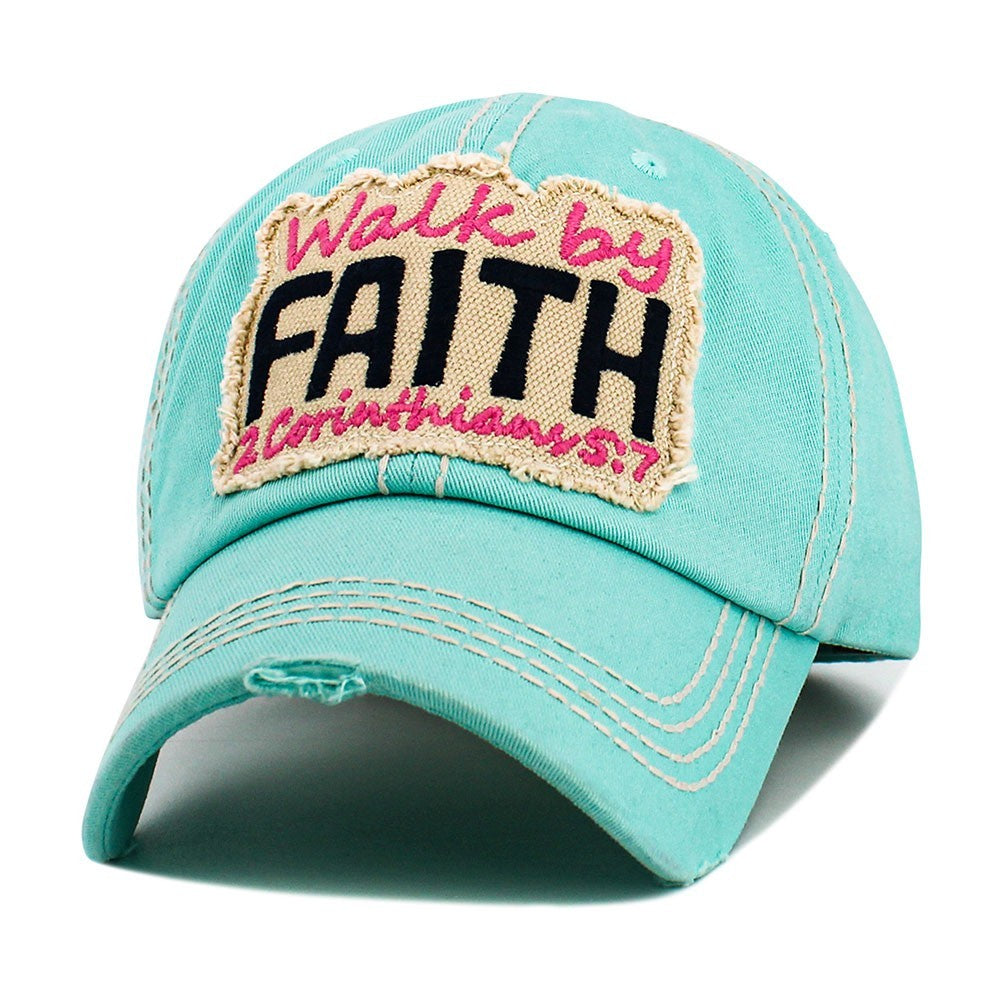 Walk by Faith Distressed Turquoise Baseball Cap  2 Corinthians 5:7 Scripture Hat