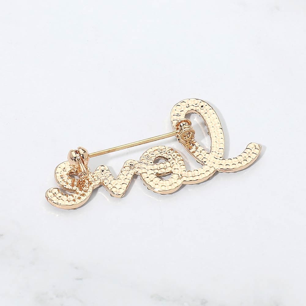 2pc Sparkling Red & Pink Cursive Love Script Rhinestone Brooch Pin Jewelry Set