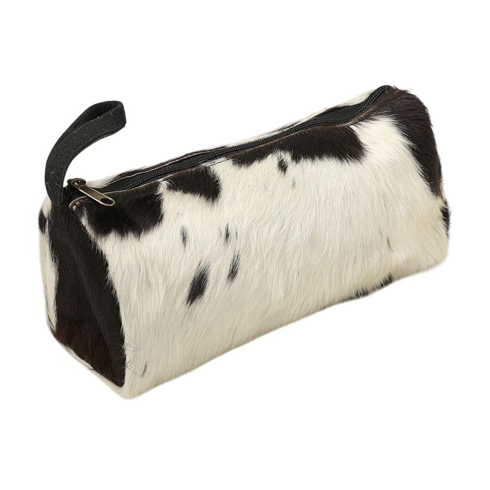 Genuine Hair-on-Hide Cowhide Makeup Bag with Zipper Closure 10" x 5" x 4.5"