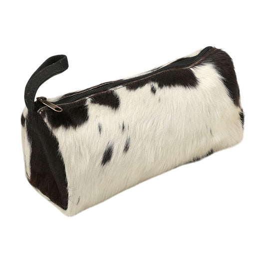 Genuine Hair-on-Hide Cowhide Makeup Bag with Zipper Closure 10" x 5" x 4.5"