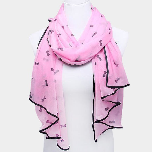 Bow Print Lightweight Fashion Scarf for Women Oblong Neck Wrap or Headscarf Pink