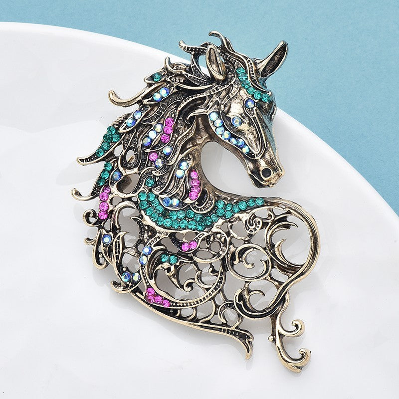 Antique Rhinestone Horse Brooch Pin Statement Jewelry Turquoise Pink