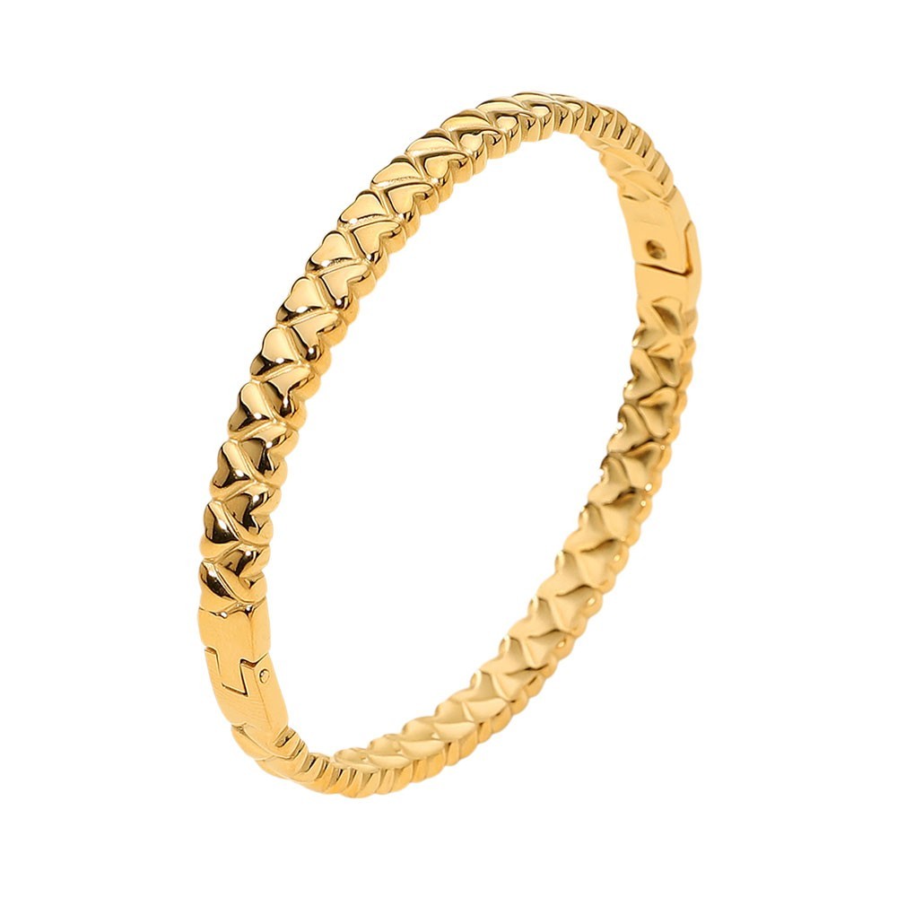 Gold Tone Stainless Steel Heart Textured Bangle Bracelet with Hinged Closure