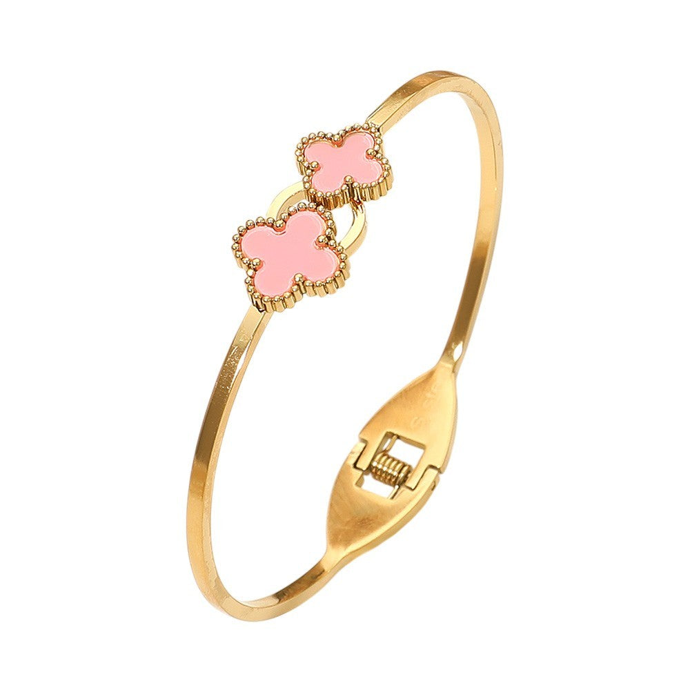 2-Pcs Gold Tone Pink Clover Bangle Bracelets Stainless Steel Hinged Women’s Gift