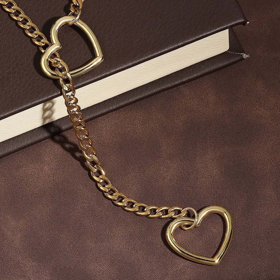 Gold Double Heart Lariat Necklace Adjustable Curb Chain Y Shape Statement
