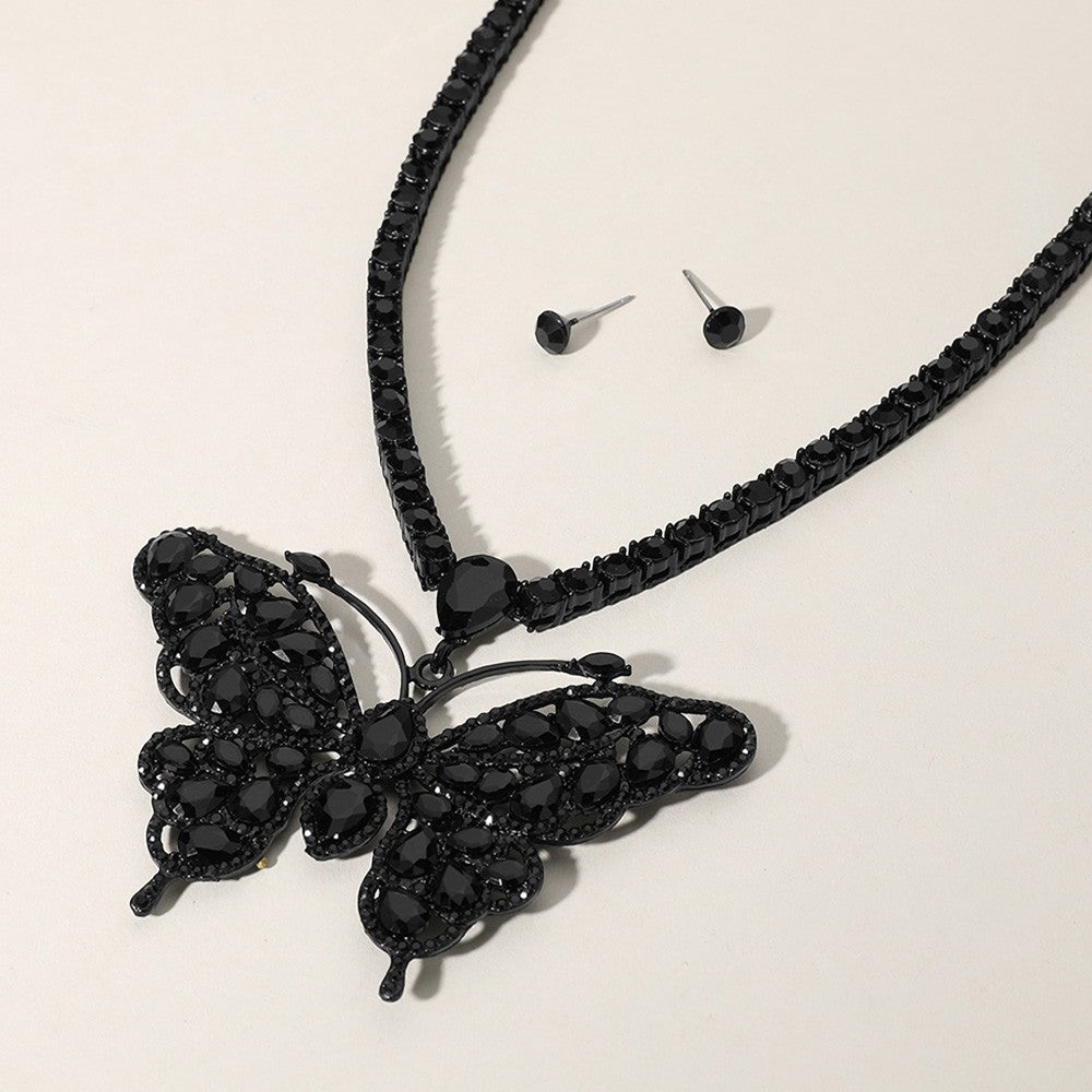 Black Rhinestone Butterfly Pendant Tennis Chain Evening Necklace for Women