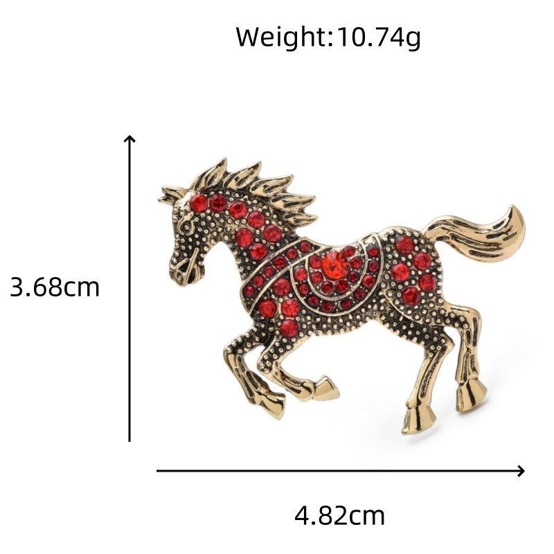 Vintage Red Crystal Horse Brooch Pin Antique Gold Tone Rhinestone Animal Jewelry