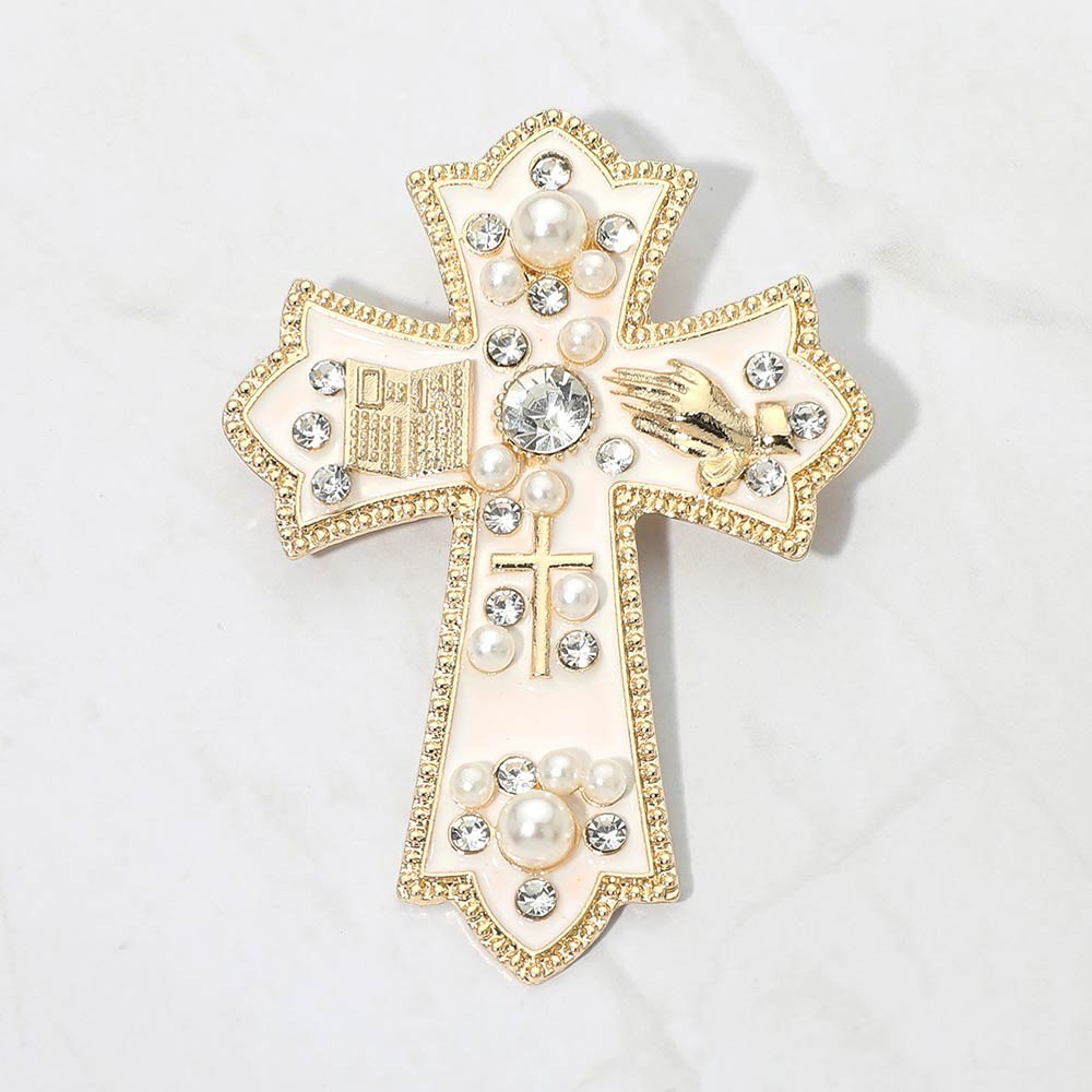 Religious Cross Brooch Pin White Enamel Pearl Rhinestone Christian Jewelry