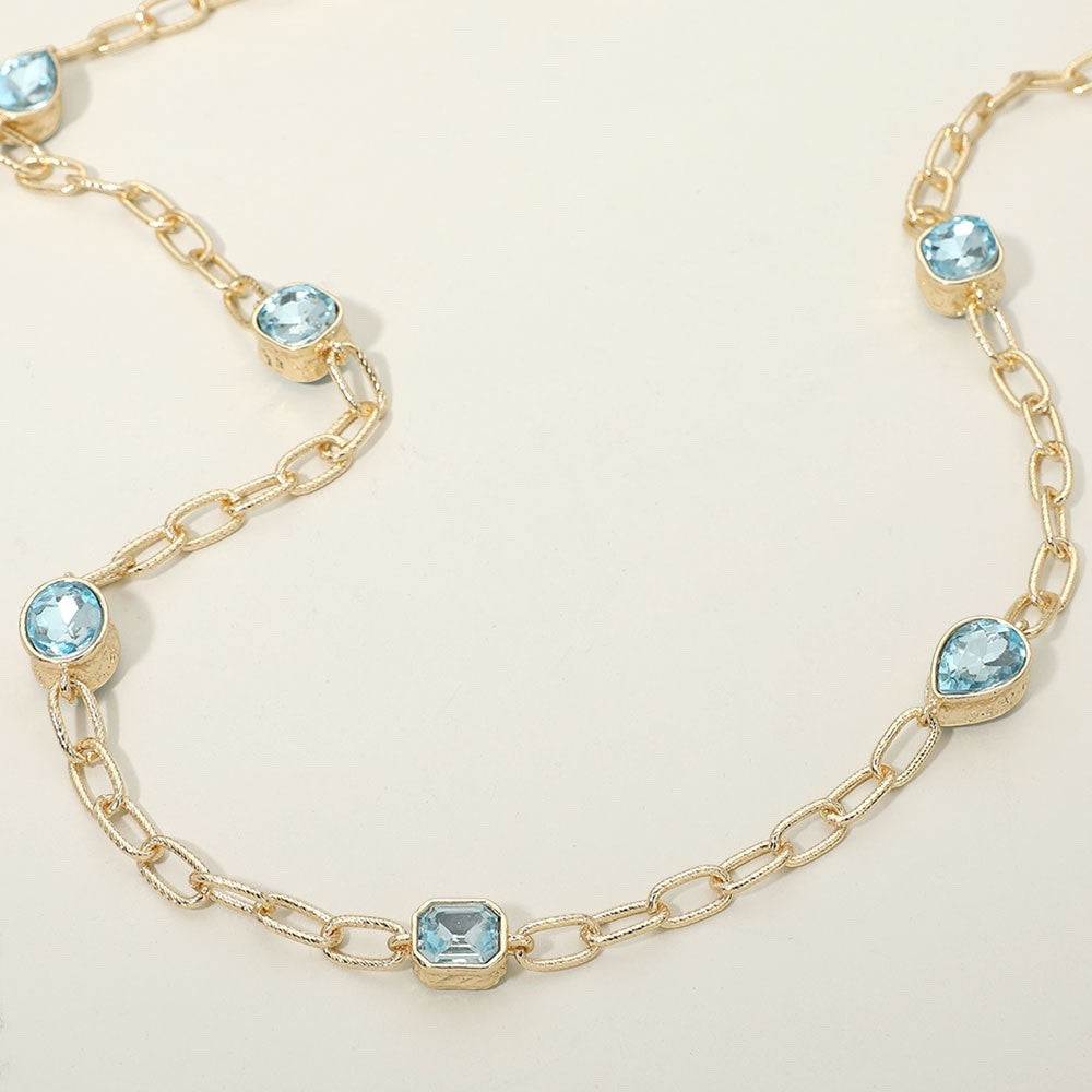 Gold Tone Light Blue Crystal Station Long Layering Necklace 36" Chain Jewelry