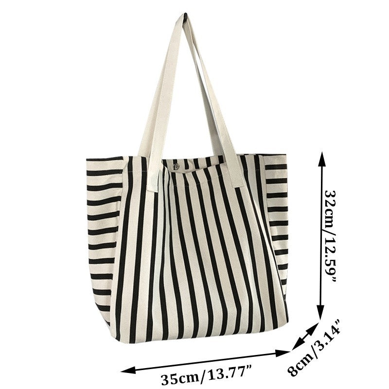 Large Canvas Tote Bag Striped Black White Shoulder Handbag Cotton Beach Shopper