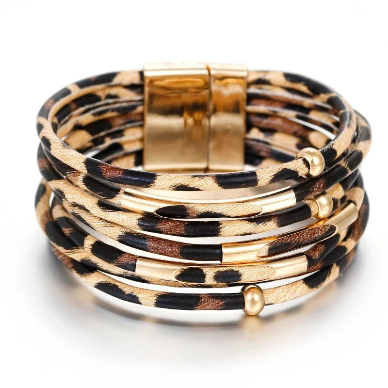 Boho Leopard Bracelet Duo | Multi-Strand Gold & Animal Print Cuff Bangle 2PC Set