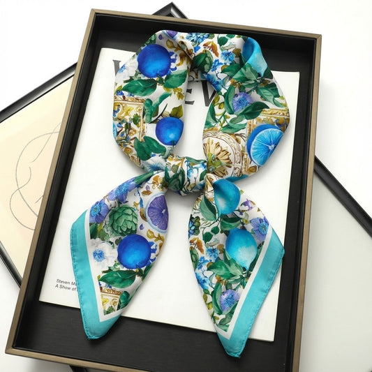 Blue Citrus Fruit Floral Print Square Silk Feel Scarf Neckerchief Headband