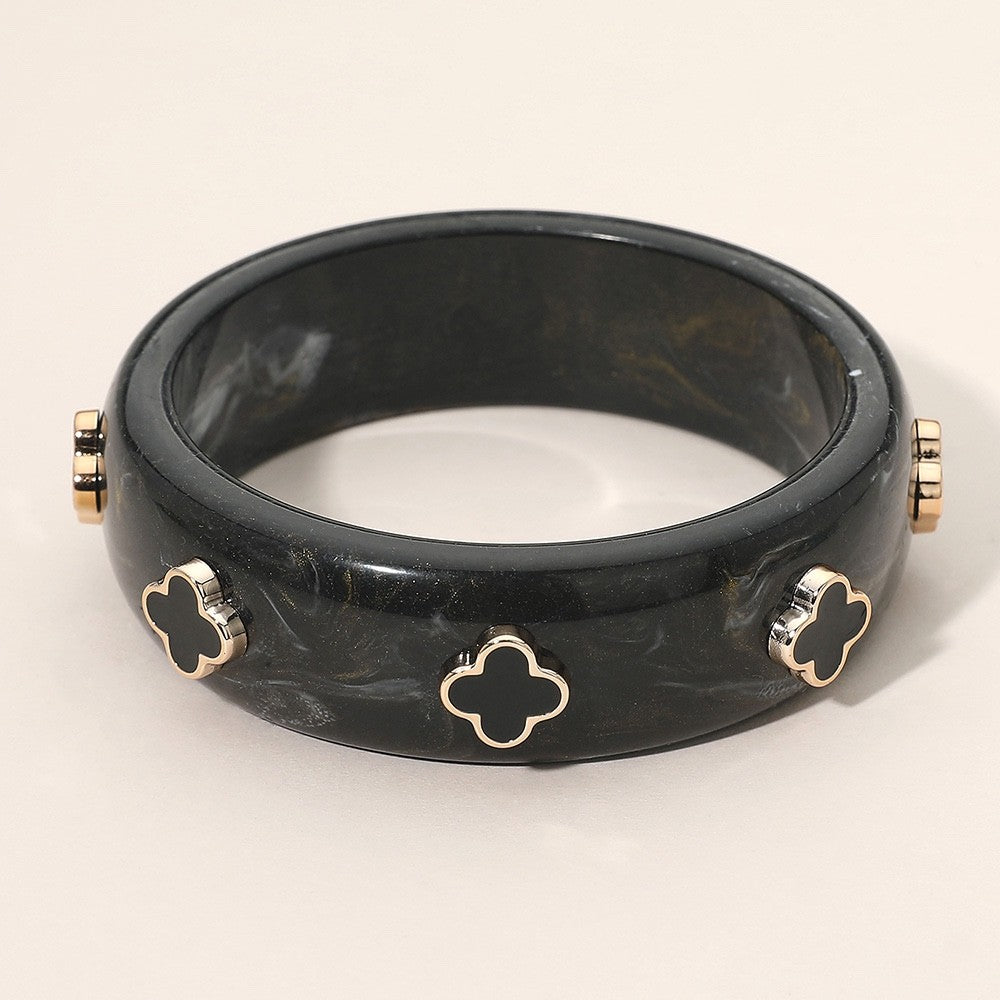 Black Marble Resin Bangle Bracelet with Gold Clover Accents - Chic Jewelry