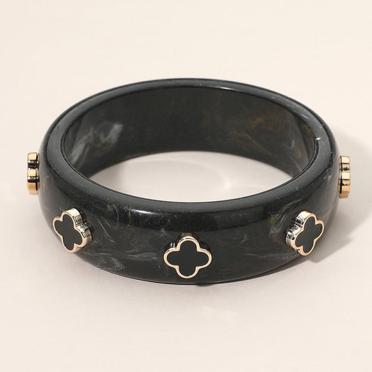 Black Marble Resin Bangle Bracelet with Gold Clover Accents - Chic Jewelry
