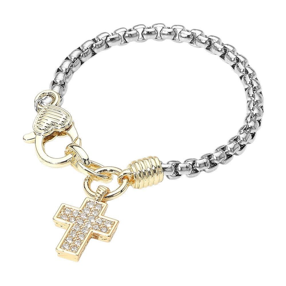 14K Gold Plated CZ Pave Cross Charm Two Tone Bracelet Religious Gift Women