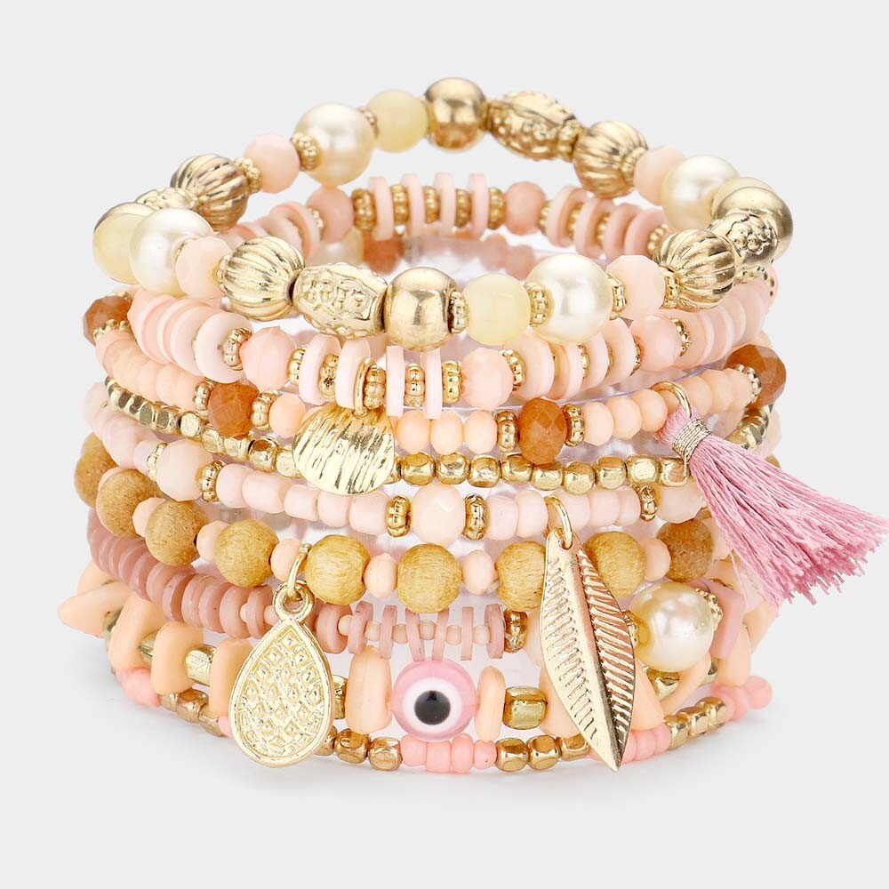 Pink 9 Piece Beaded Stretch Bracelet Set Evil Eye Spiritual Protection Jewelry