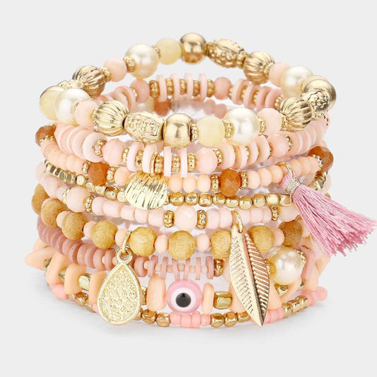 Pink 9 Piece Beaded Stretch Bracelet Set Evil Eye Spiritual Protection Jewelry