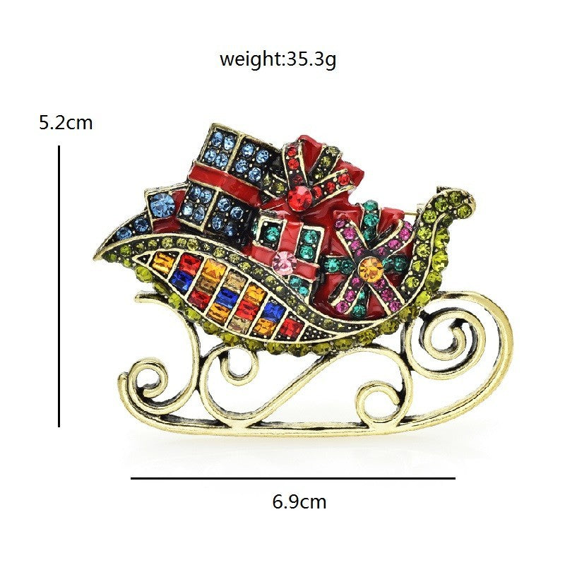 Large Festive Christmas Sleigh Pin Multicolored Rhinestone Brooch Jewelry Gift