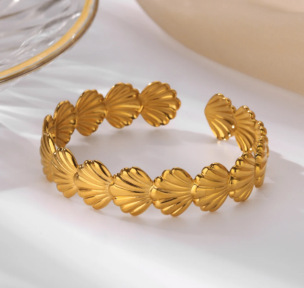 Gold Tone Stainless Steel Shell Cuff Bracelet for Women Beach Inspired Jewelry