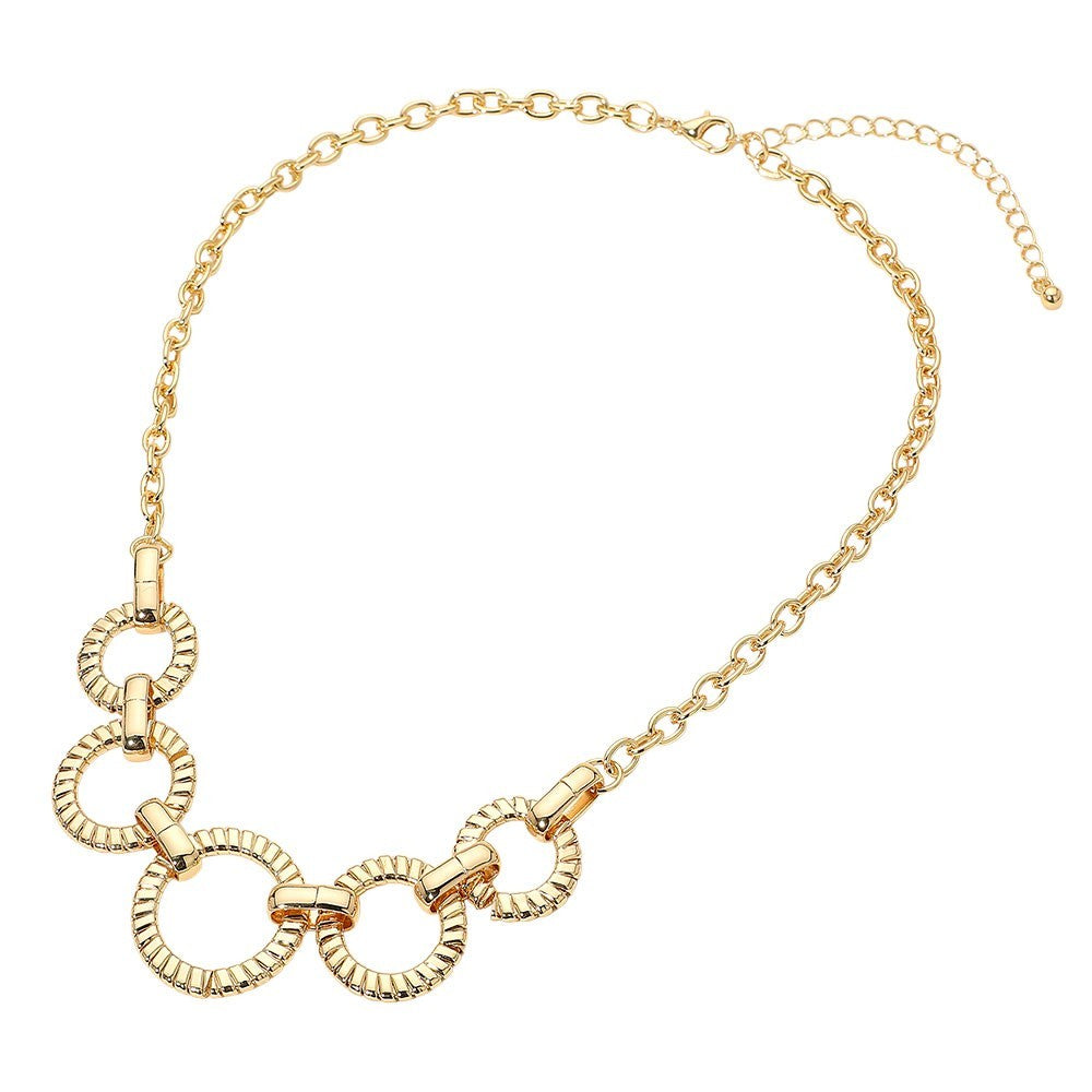 Textured Gold Tone Metal Ring Link Statement Necklace for Women Fashion Jewelry