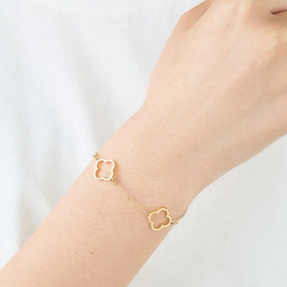 Dainty Four Leaf Clover Bracelet Set - Gold & Silver Tone Adjustable Lucky Charm