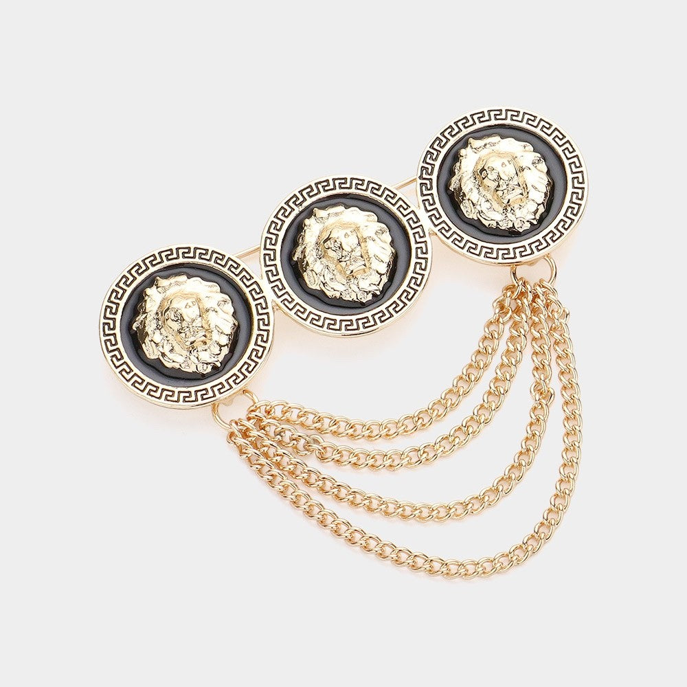 Gold Lion Head Medallion Brooch with Greek Key Border and Draping Chains