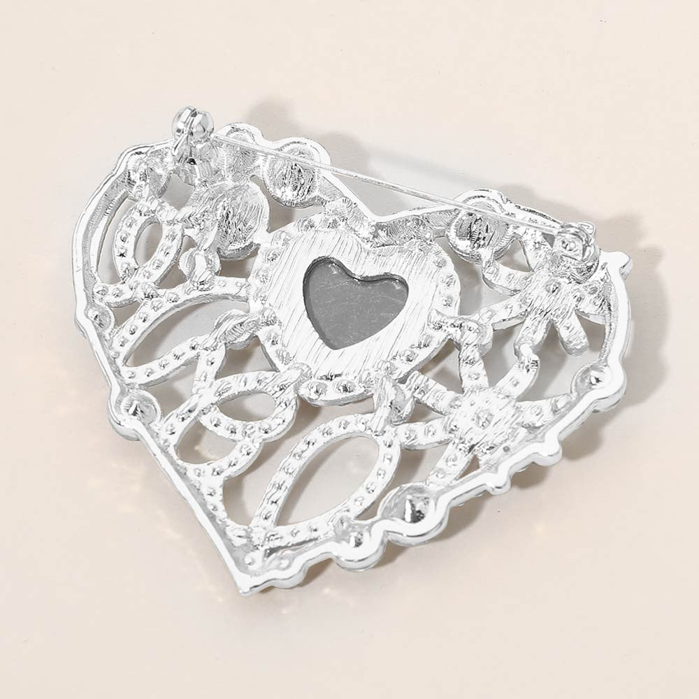 Sparkling Silver Heart Filigree Brooch with Faux Pearl and Crystal Accents