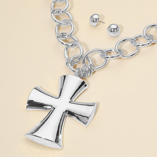 Chunky Metal Rhodium Matte Finish Cross Pendant Necklace with Stud Earrings