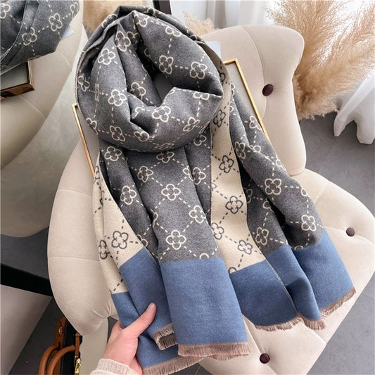 Luxury Women's Reversible Cashmere Feel Scarf Clover Pattern Blue Trim Shawl