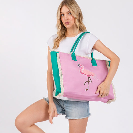 Large Flamingo Patch Beach Tote Bag with Fringe – Pink and Teal Canvas Shoulder