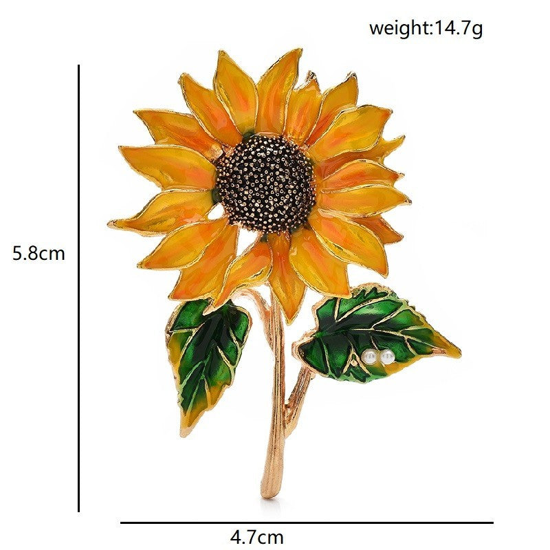 Vintage Style Enamel Sunflower Brooch Pin Gold Tone Faux Pearl Jewelry Gift