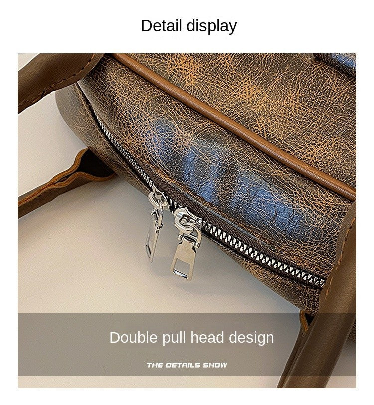 Vintage Y2K Distressed Brown Faux Leather Bowling Bag Double Pocket Shoulder Bag