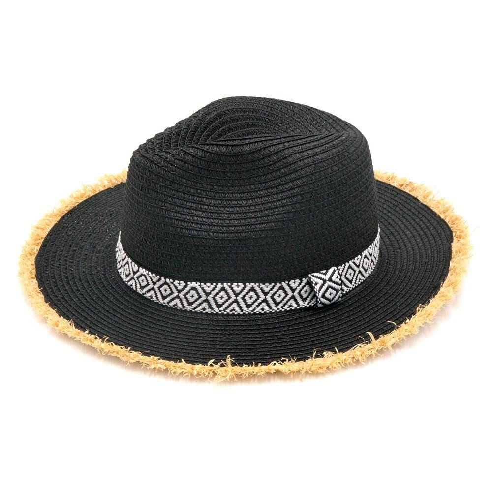 Frayed Trim Aztec Straw Hat for Women Summer Boho Style Beach Sun Hat