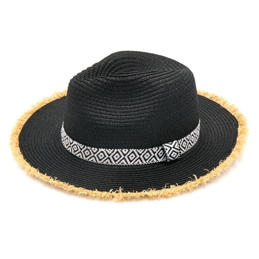 Frayed Trim Aztec Straw Hat for Women Summer Boho Style Beach Sun Hat