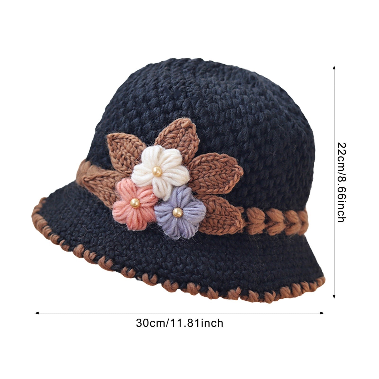 Handmade Crochet Black Cloche Hat Vintage 1920s Style Floral Accent