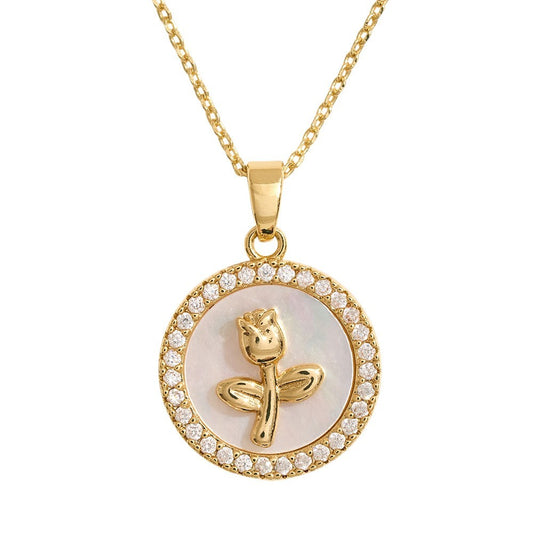 14K Gold Dipped Mother of Pearl Flower Pendant Necklace with CZ Border
