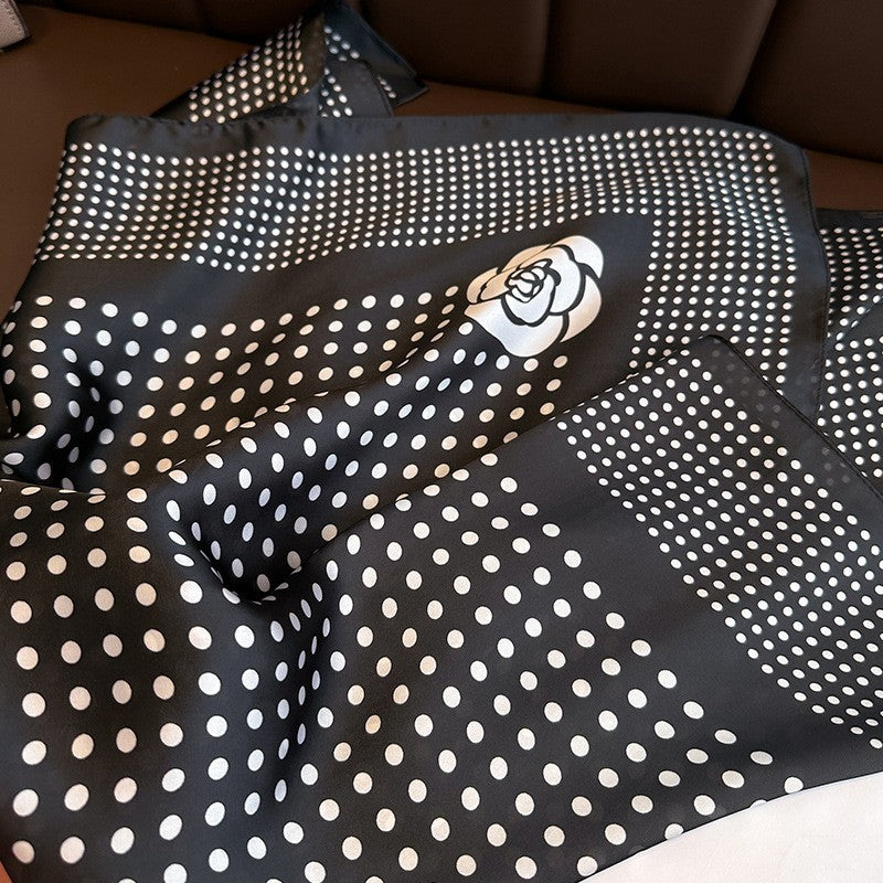 2-Pack Silk Feel Polka Dot Rose Print Scarf Black White Silky Fashion Wrap