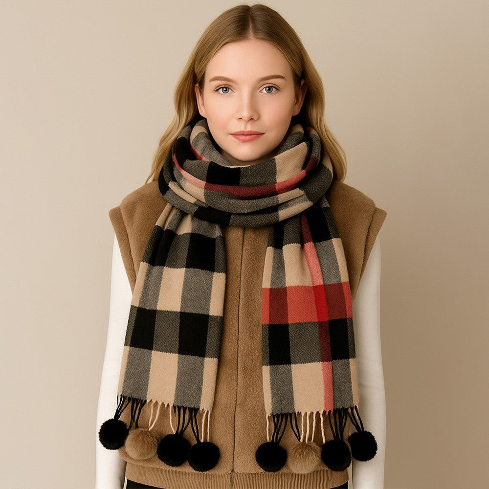 Pom Pom Tassel Trim Plaid Scarf Warm Winter Wrap Shawl Women’s Cozy Checkered
