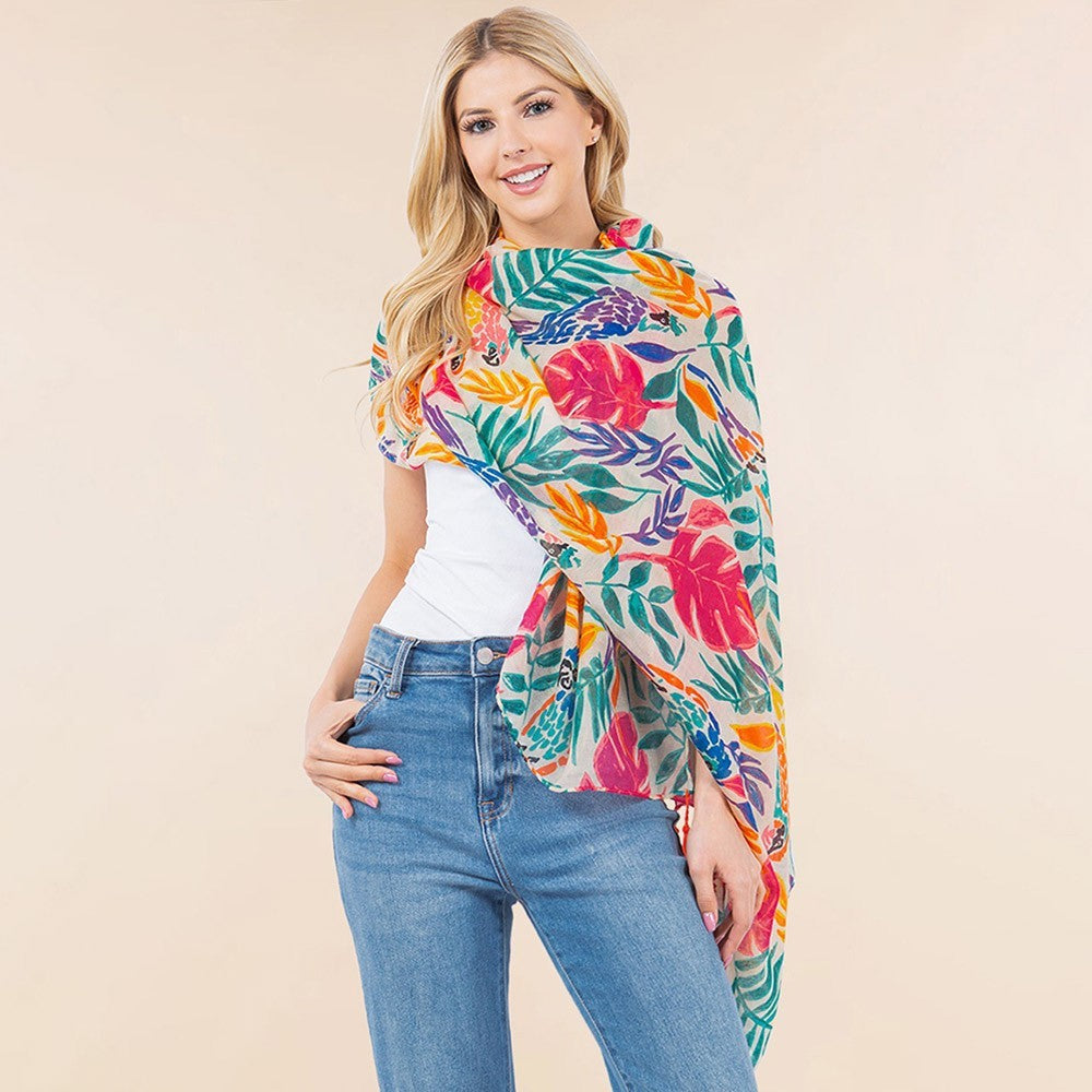 Lightweight Tropical Leaf Floral Tassel Scarf Vibrant Summer Wrap for Women