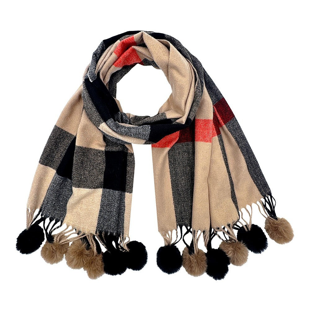 Pom Pom Tassel Trim Plaid Scarf Warm Winter Wrap Shawl Women’s Cozy Checkered