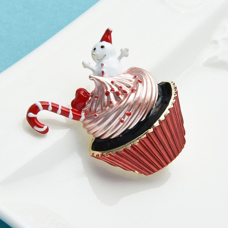 Christmas Snowman Cupcake Candy Cane Enamel Brooch Pin Dessert Holiday Jewelry