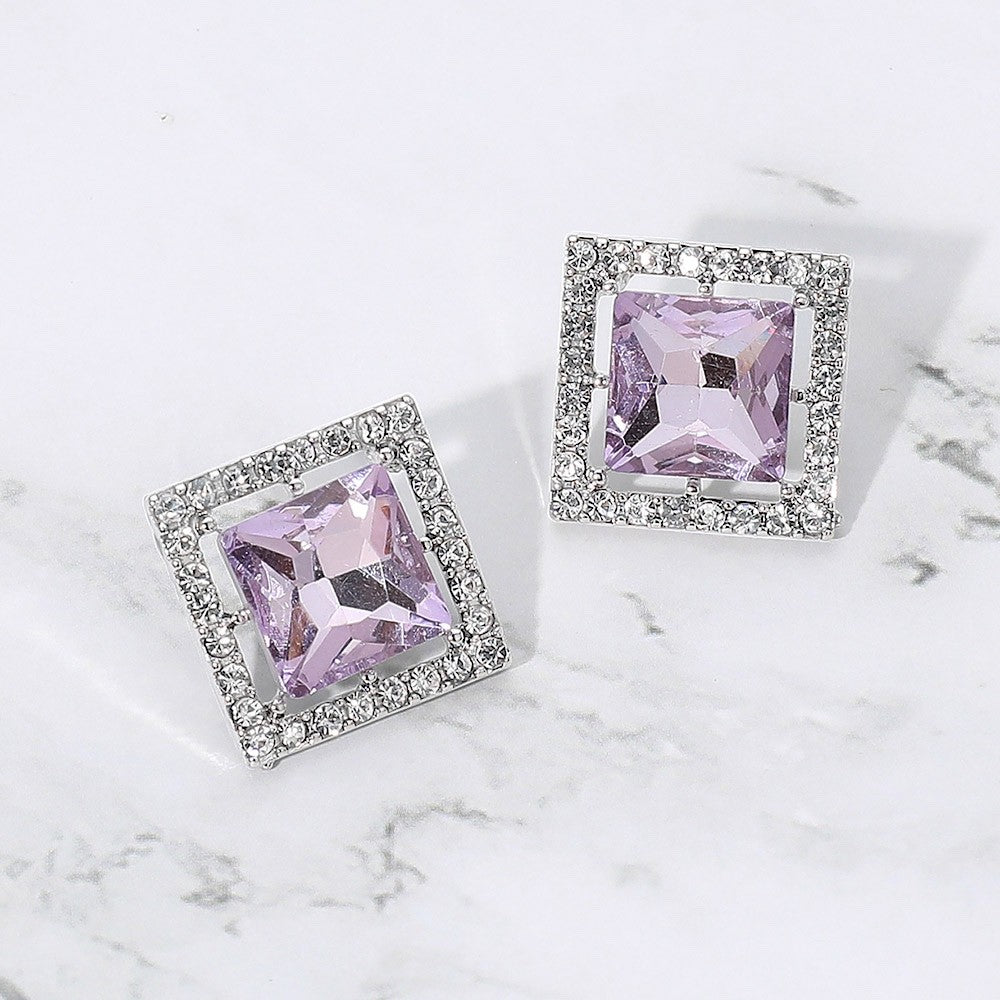 Elegant Silver Square Halo Stud Earrings with Lavender Purple Center Stone
